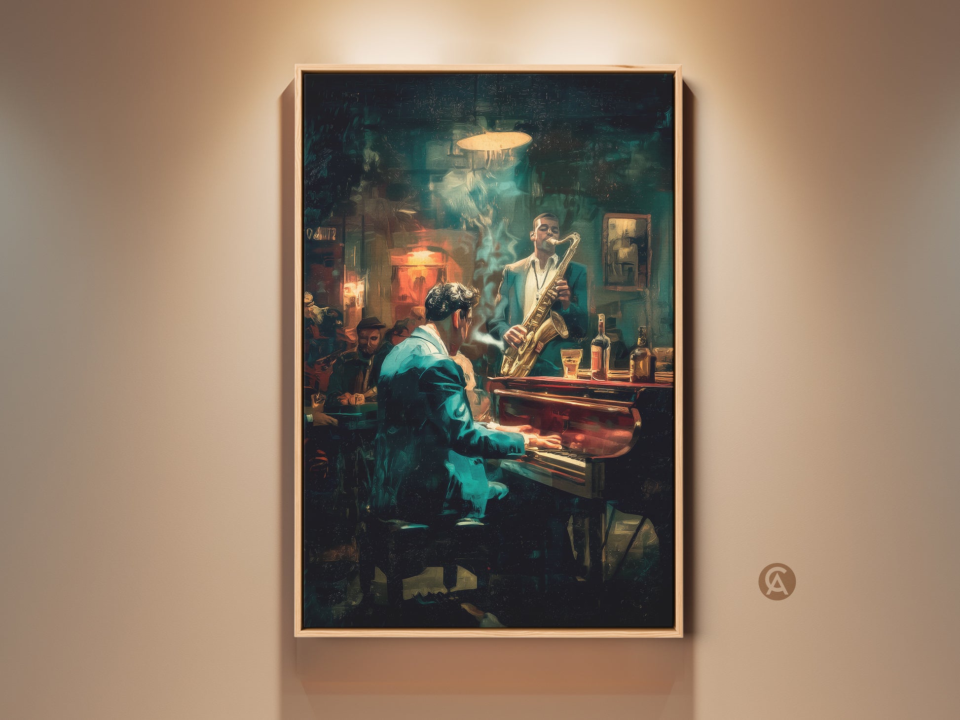 Immerse yourself in the soulful world of jazz with this captivating artwork. A pianist plays with feeling while a saxophonist adds depth. The ambiance of a smoky jazz club is captured in this painting. Perfect for music lovers this piece brings rhythm and mood to any room.