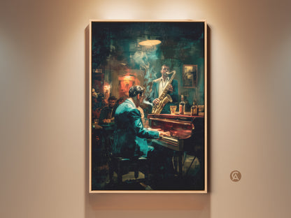 Immerse yourself in the soulful world of jazz with this captivating artwork. A pianist plays with feeling while a saxophonist adds depth. The ambiance of a smoky jazz club is captured in this painting. Perfect for music lovers this piece brings rhythm and mood to any room.