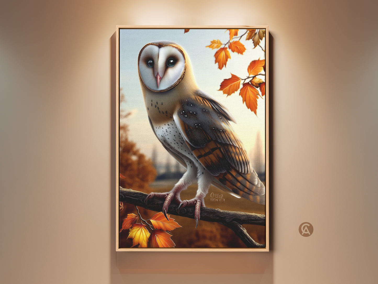 Realistic barn owl artwork print displayed in a frame. This rustic autumn decor features vibrant maple leaves. It's a perfect bird lover gift adding warmth to any room. The owl art brings nature indoors.