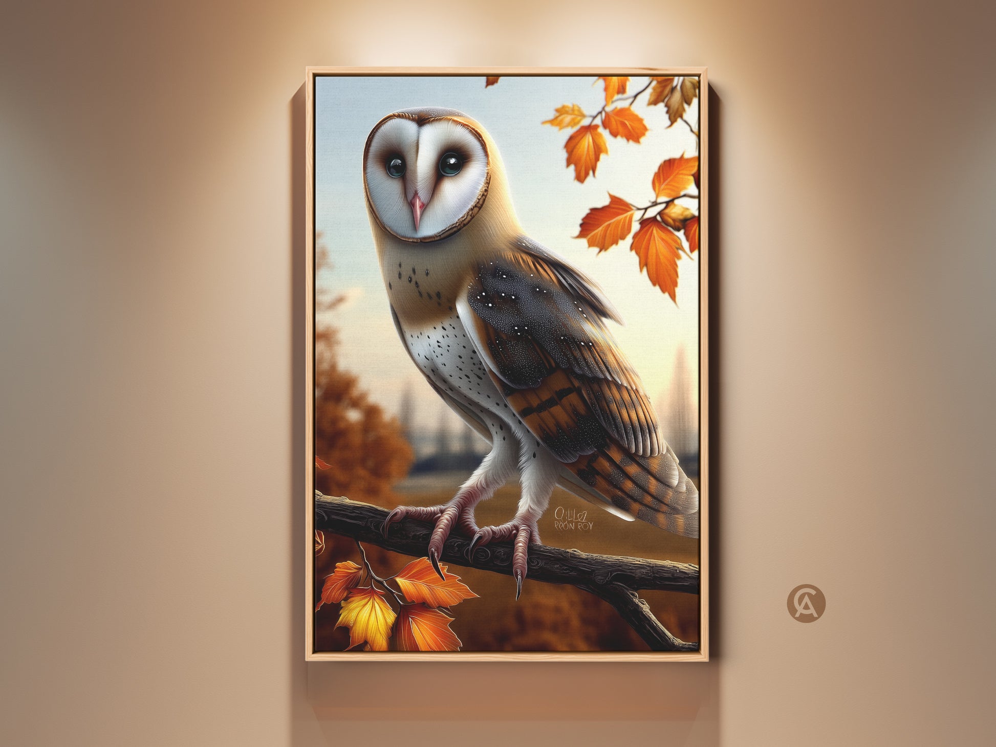 Realistic barn owl artwork print displayed in a frame. This rustic autumn decor features vibrant maple leaves. It's a perfect bird lover gift adding warmth to any room. The owl art brings nature indoors.