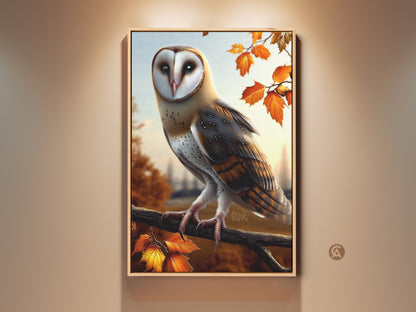 Realistic barn owl artwork print displayed in a frame. This rustic autumn decor features vibrant maple leaves. It's a perfect bird lover gift adding warmth to any room. The owl art brings nature indoors.
