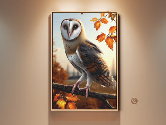 Realistic barn owl artwork print displayed in a frame. This rustic autumn decor features vibrant maple leaves. It's a perfect bird lover gift adding warmth to any room. The owl art brings nature indoors.