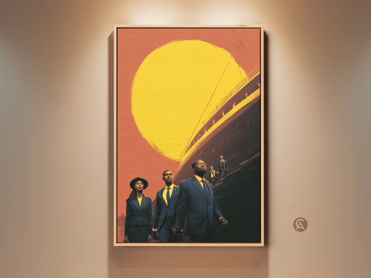 Vintage ship art print featuring people in suits embarking on a journey. A retro orange and yellow sun wall art evokes a sense of travel. This eclectic canvas decor is a perfect housewarming gift for travelers seeking unique home accents. The artwork captures a historical travel theme adding character to any room.