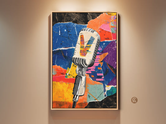 A framed collage art print featuring a retro microphone against an abstract background. This eclectic studio artwork uses torn paper in blue yellow and orange. It adds a vintage music vibe to any room. Perfect gift for music lovers