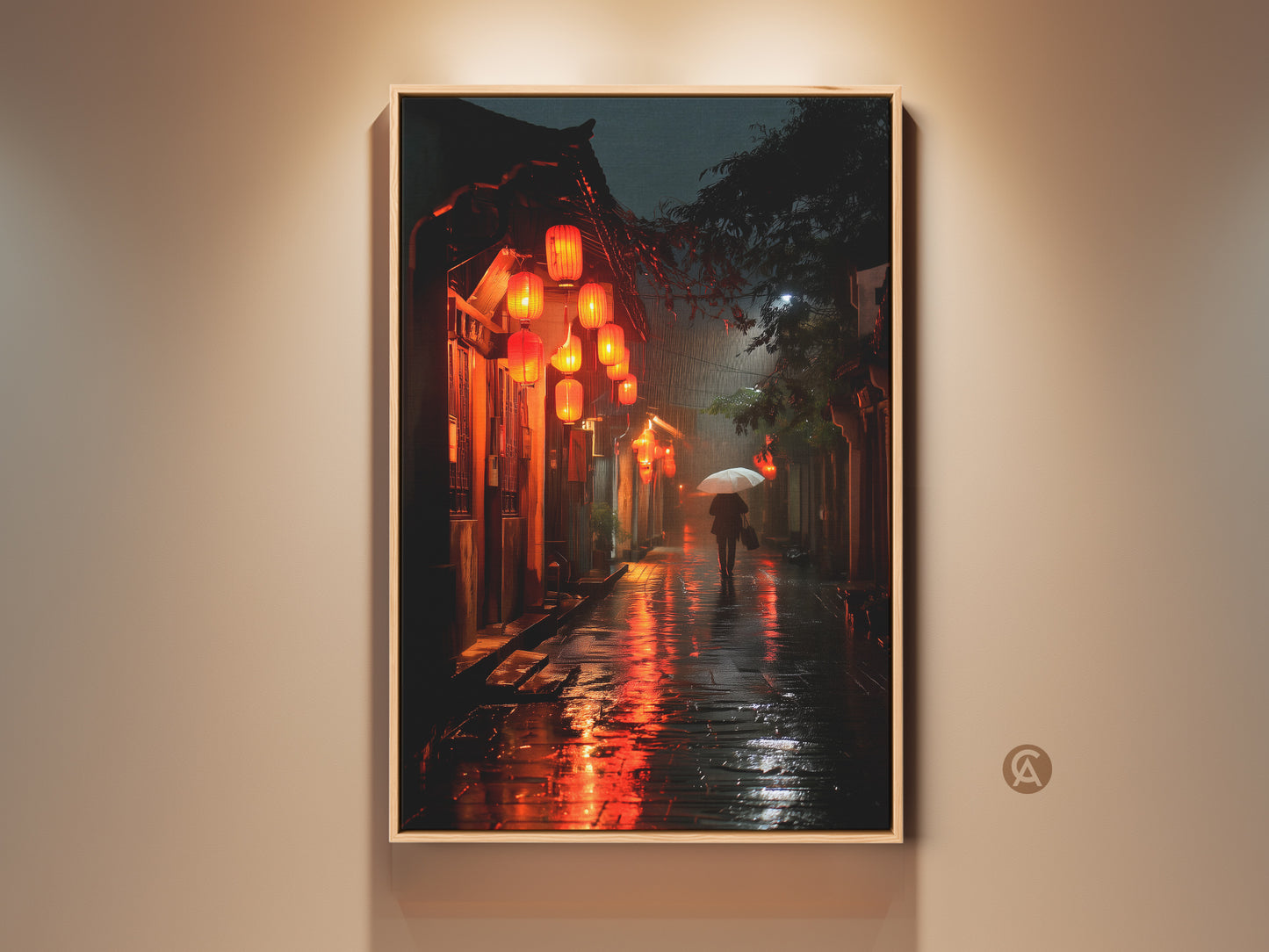 A captivating framed artwork shows a rainy Asian street scene at night. Red lanterns glow warmly reflecting on the wet pavement. A lone figure with an umbrella walks away creating a sense of mystery and beauty. This fine art print brings a touch of Asian culture to any room.