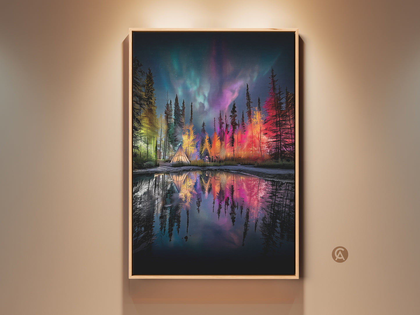 Forest Aurora Borealis Canvas Art showcases a camping tent under the vibrant Northern Lights. Teal green and purple hues illuminate this magical nature scene. The artwork reflects beautifully in the calm lake. Perfect eclectic bohemian decor for nature & adventure lovers. Bring the outdoors in with this housewarming present.