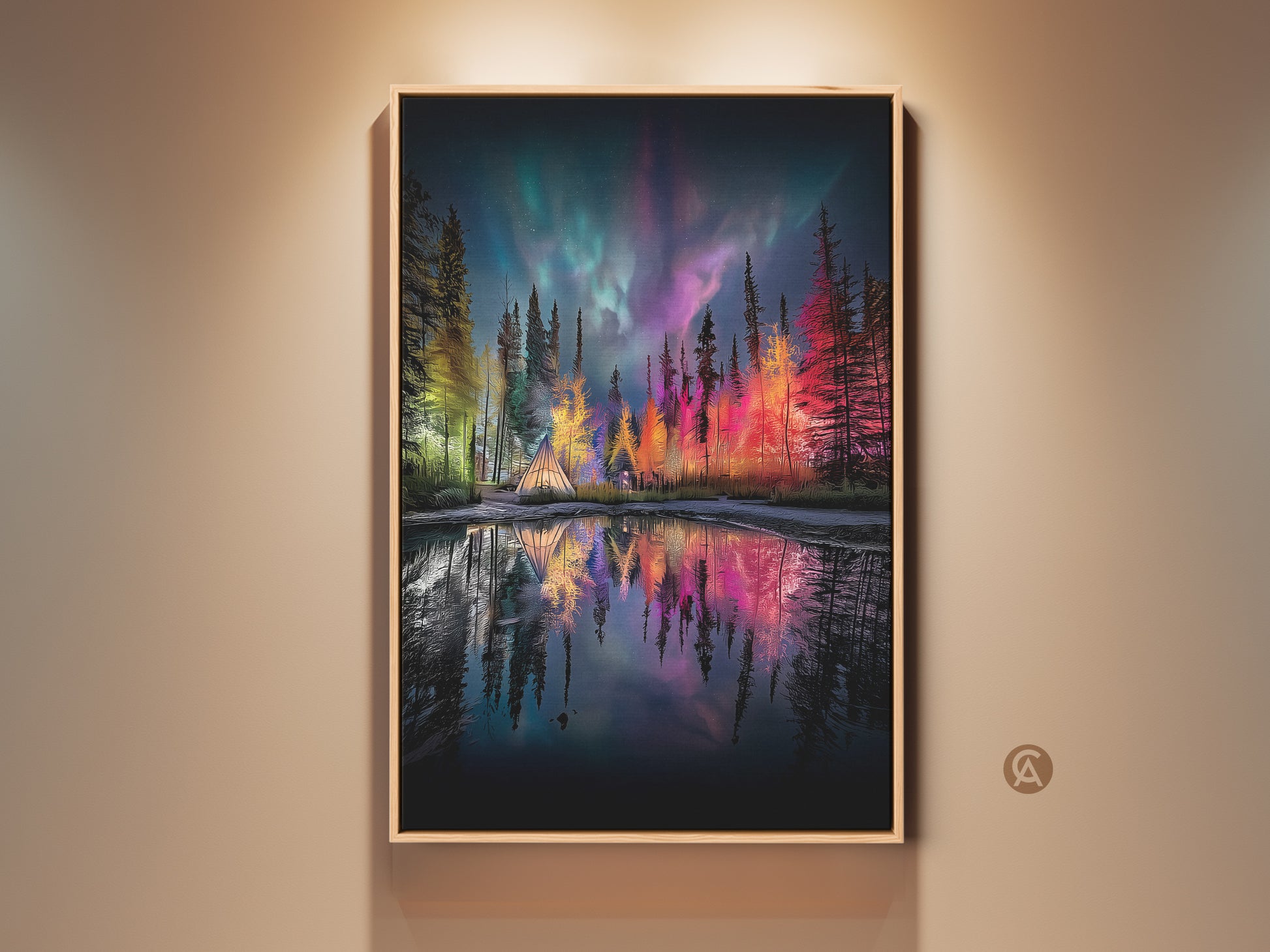 Forest Aurora Borealis Canvas Art showcases a camping tent under the vibrant Northern Lights. Teal green and purple hues illuminate this magical nature scene. The artwork reflects beautifully in the calm lake. Perfect eclectic bohemian decor for nature & adventure lovers. Bring the outdoors in with this housewarming present.