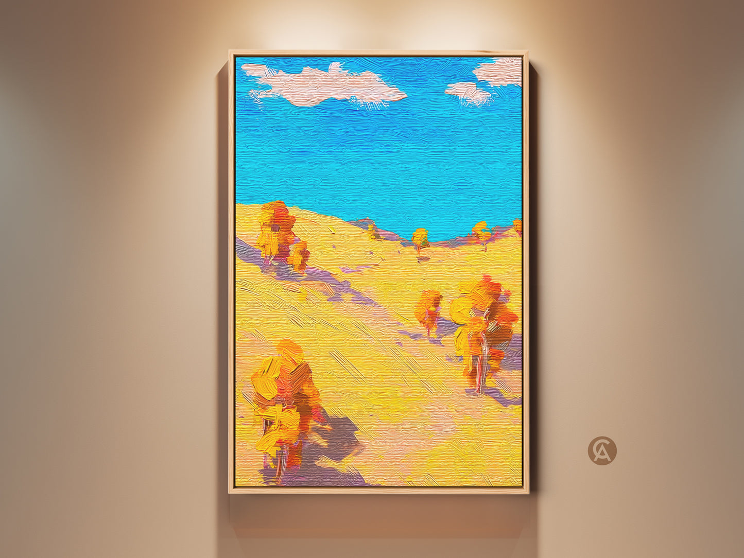A framed turquoise orange abstract landscape art print hangs on a wall. This vibrant boho trees wall decor features impressionistic nature elements. A perfect housewarming gift art for adding color to any room.