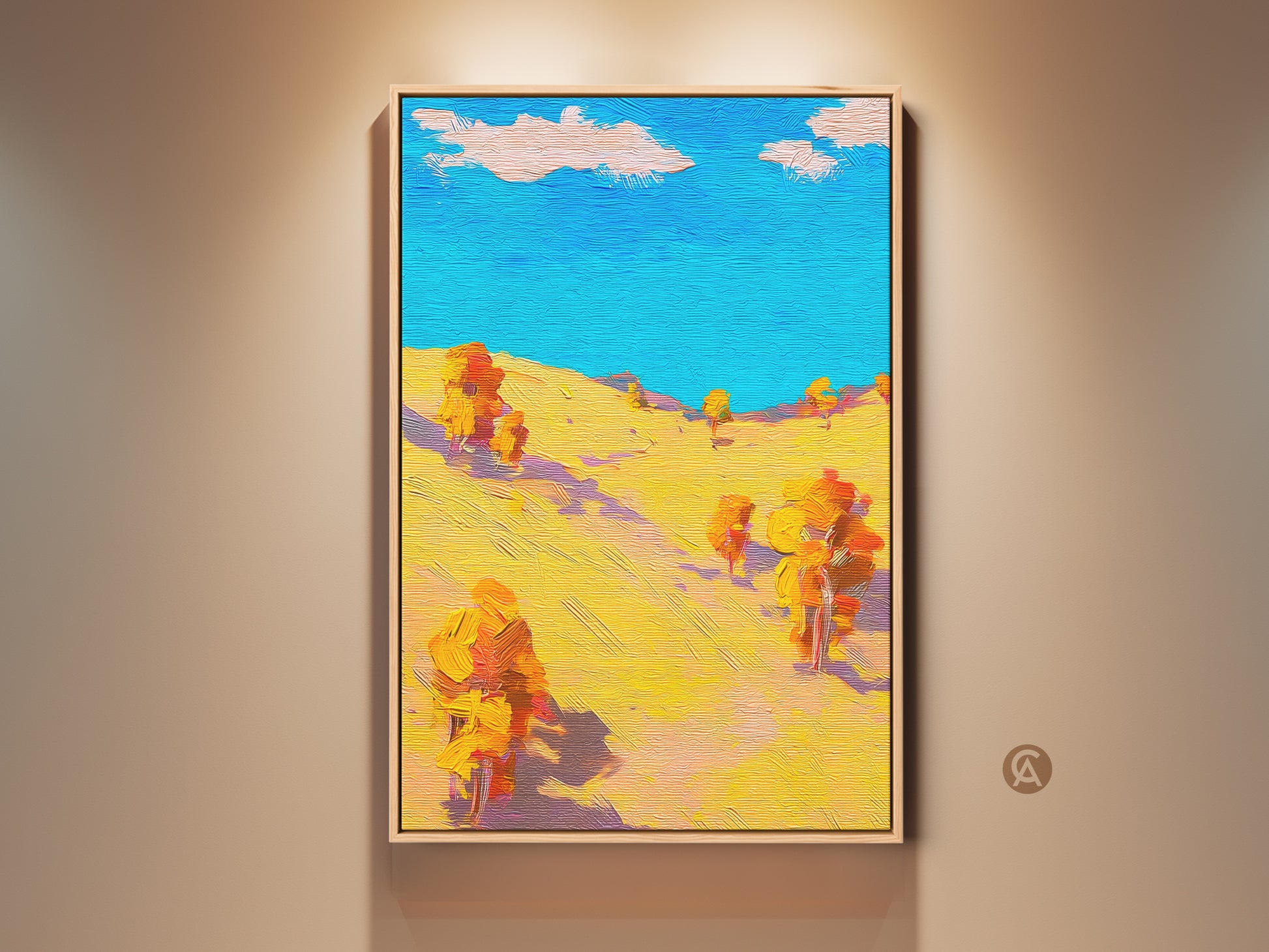 A framed turquoise orange abstract landscape art print hangs on a wall. This vibrant boho trees wall decor features impressionistic nature elements. A perfect housewarming gift art for adding color to any room.