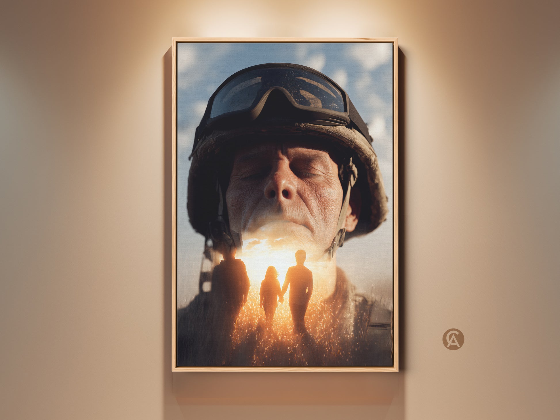 Conceptual soldier portrait canvas art. Golden yellow and sky blue hues create a surreal soldier artwork. Perfect veteran's day gift and inspirational military art for your home. A unique wall hanging that honors military family hope with warm earth tones.