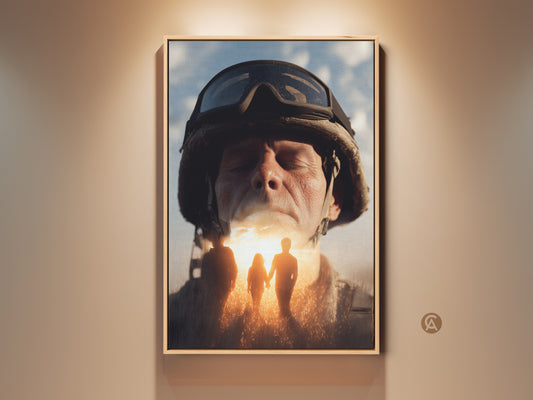 Conceptual soldier portrait canvas art. Golden yellow and sky blue hues create a surreal soldier artwork. Perfect veteran's day gift and inspirational military art for your home. A unique wall hanging that honors military family hope with warm earth tones.