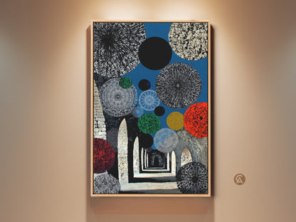 Contemporary abstract wall art features surrealist archway canvas with blue red geometric circles print. The vibrant eclectic home office decor includes bold geometric artwork. It’s a unique focal point for modern entryway art and is a special gift for art enthusiasts. This piece features rich color and detail.