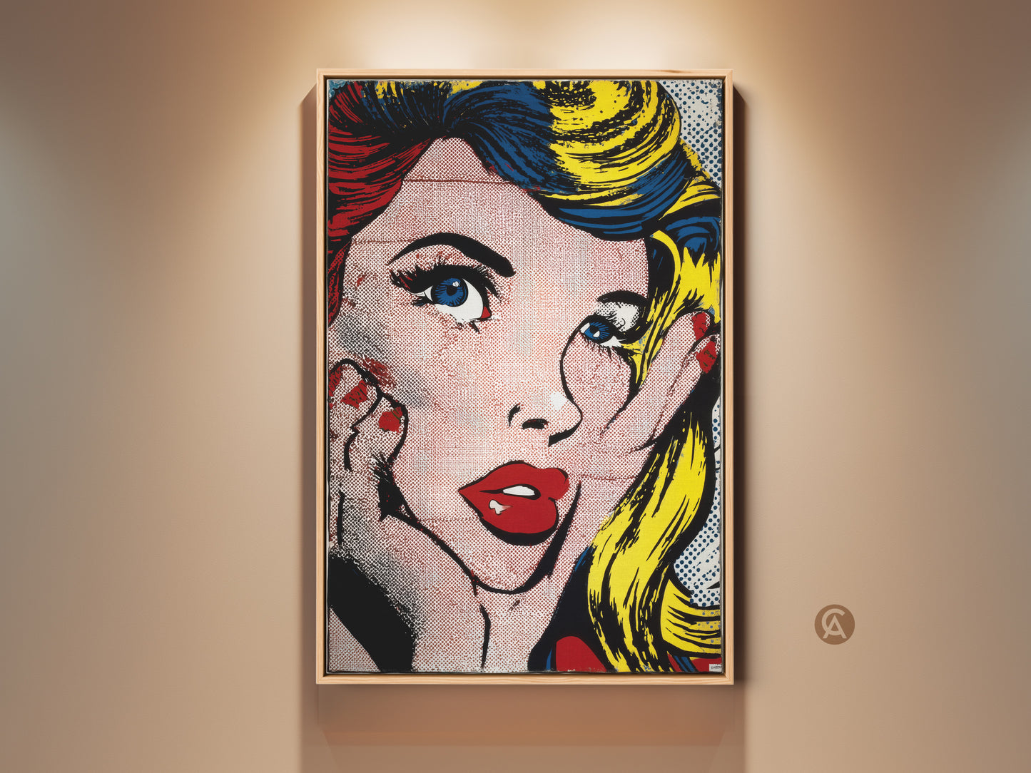 Pop Art Woman framed artwork. This vibrant piece features a woman with bold red lips and striking blue eyes. Her red and yellow hair adds a playful touch. The art style is reminiscent of classic comic book illustrations. Perfect for adding a pop of color to any space