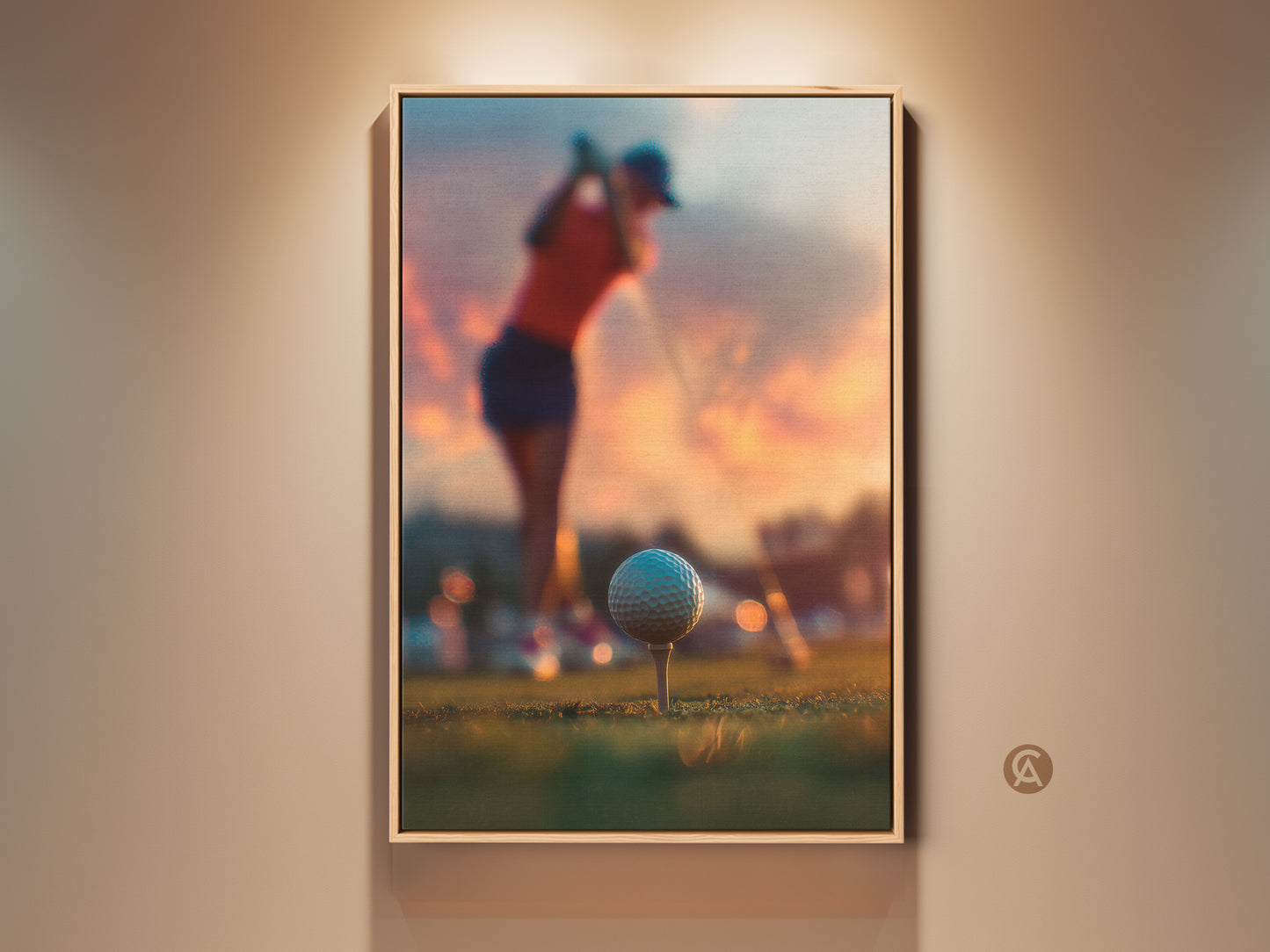 Golf art in a floating frame. A framed art piece presents a golfer at sunset. The artwork captures a golfer mid-swing. The golf ball sits on the tee ready for action. Perfect sports art for golf enthusiasts. A great addition to home decor.