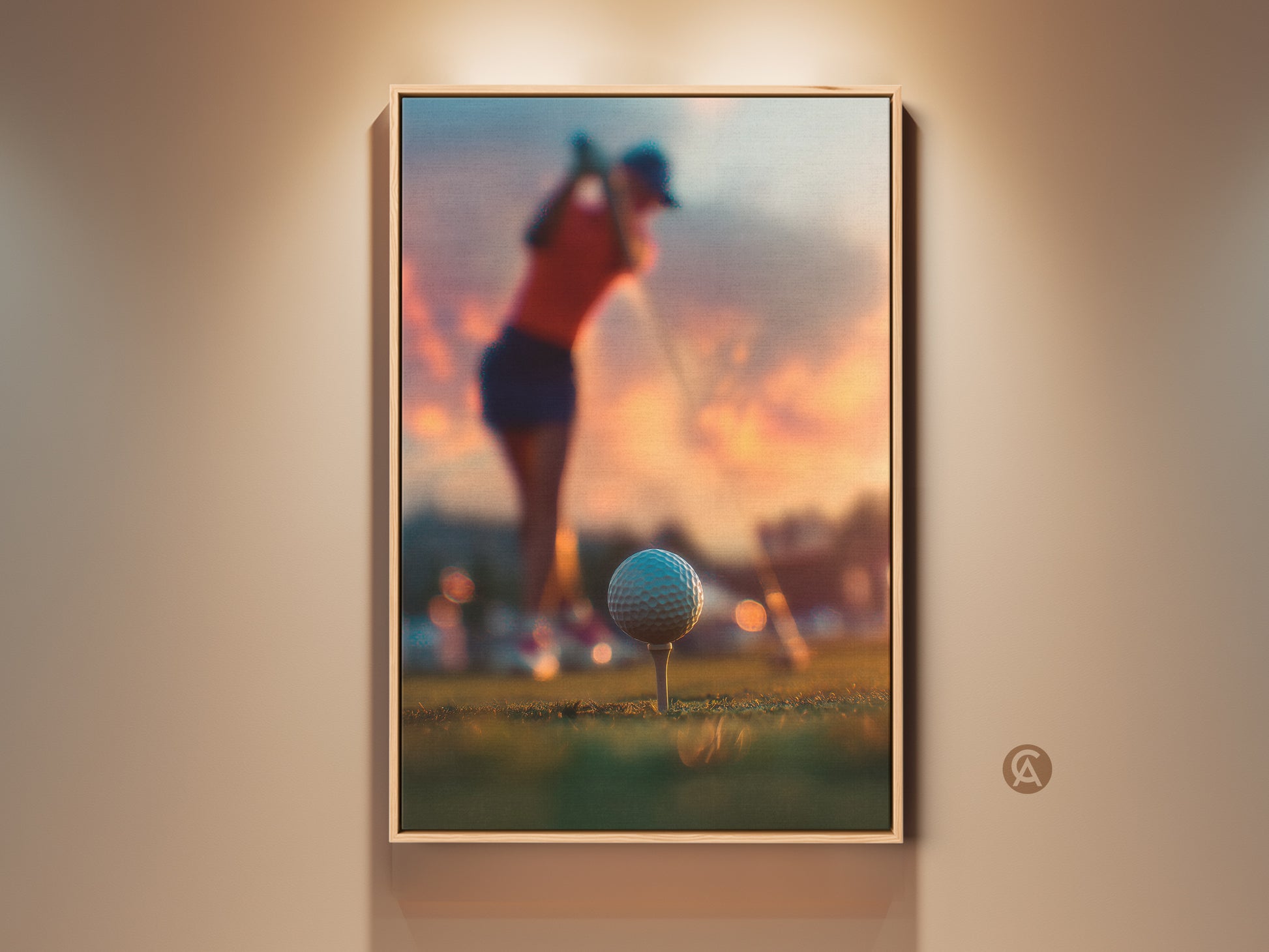 Golf art in a floating frame. A framed art piece presents a golfer at sunset. The artwork captures a golfer mid-swing. The golf ball sits on the tee ready for action. Perfect sports art for golf enthusiasts. A great addition to home decor.