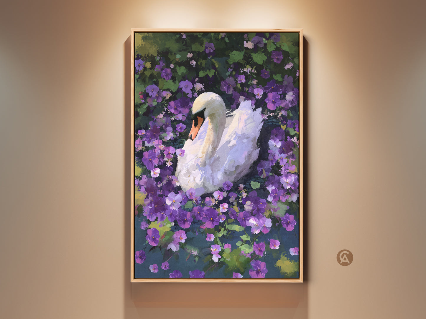 A framed art print features a white swan. The swan is surrounded by purple flowers. This impressionistic nature wall art adds a touch of elegance. It's a perfect gift for nature lovers seeking eclectic home decor. The painterly animal artwork enhances any room.