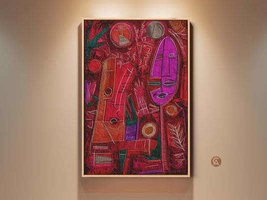 Eclectic Abstract Canvas Print features tribal faces and geometric shapes. This wall art includes crimson red pink and emerald green hues. A unique piece perfect for eclectic home decor ideal for hallways or home offices.
