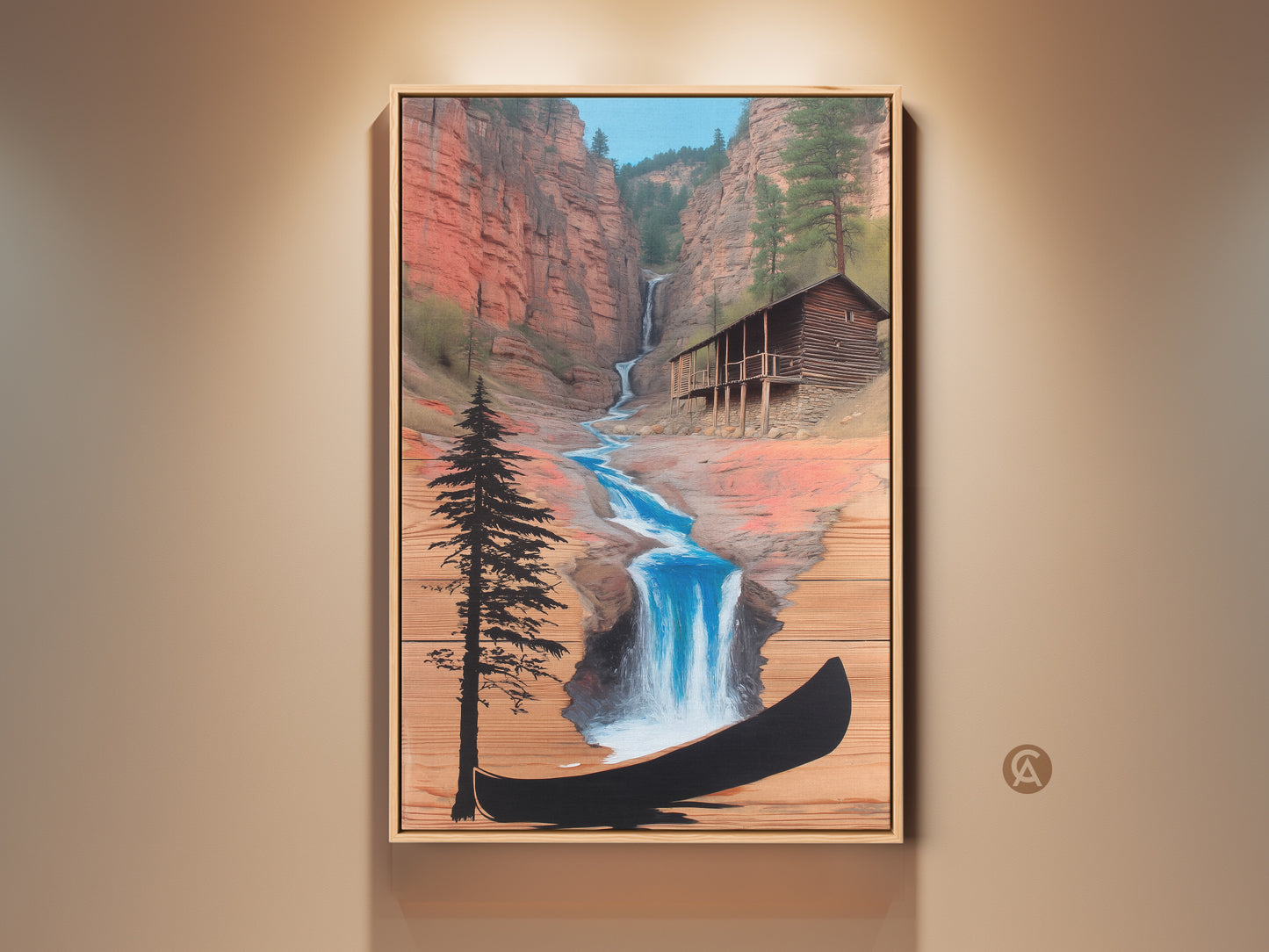 Rustic Cabin and Waterfall Canvas Print. Terracotta cliffs and a blue waterfall create a serene scene. It features a cozy cabin and a canoe. Adventure wall art brings nature indoors. Farmhouse style gift for outdoor lovers.