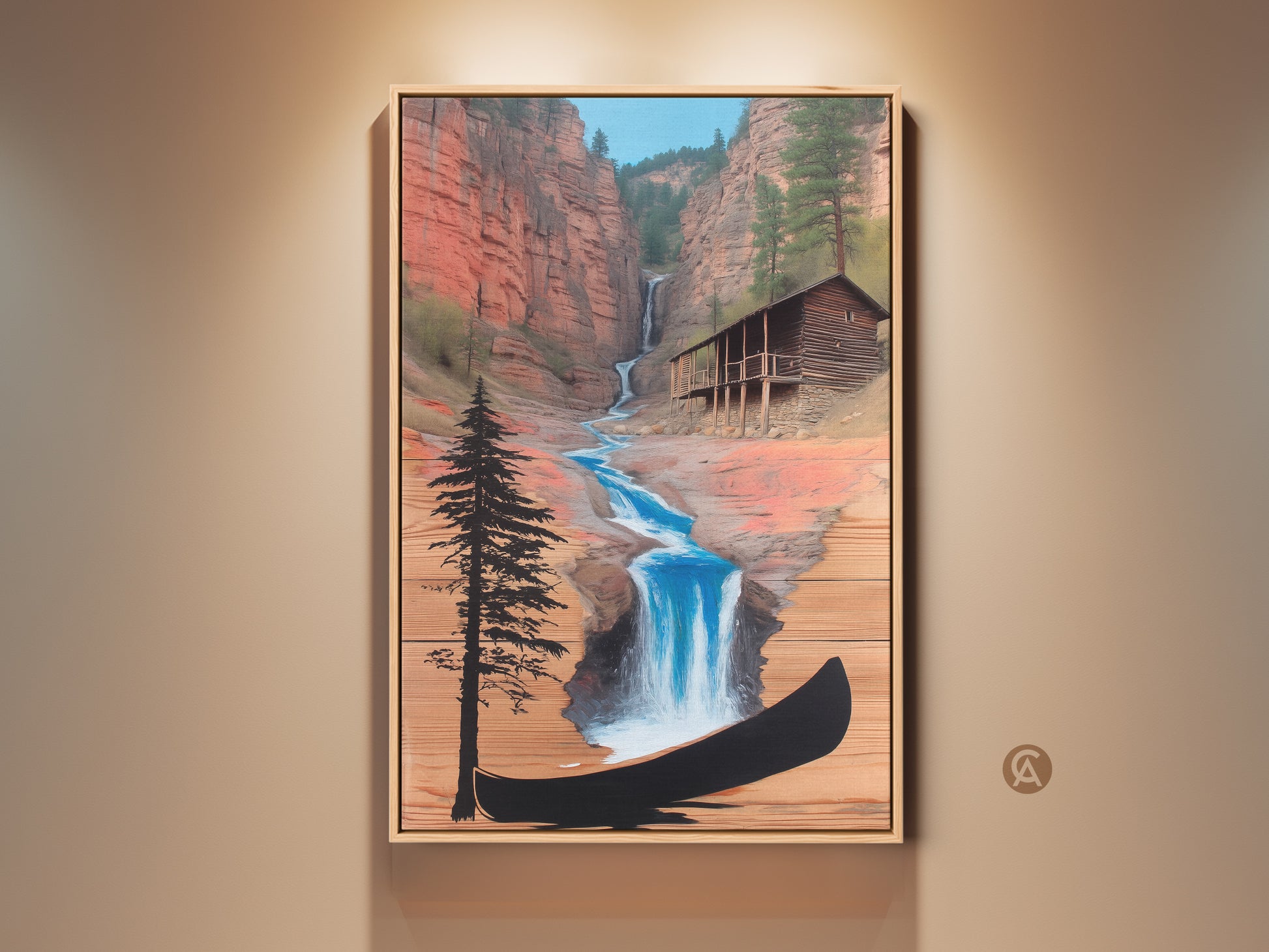 Rustic Cabin and Waterfall Canvas Print. Terracotta cliffs and a blue waterfall create a serene scene. It features a cozy cabin and a canoe. Adventure wall art brings nature indoors. Farmhouse style gift for outdoor lovers.