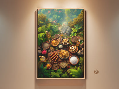A vibrant framed artwork featuring an array of spices and ingredients. It is arranged artfully against a backdrop of lush foliage. The composition creates an inviting culinary painting. This wall art print brings nature's bounty to your home decor. Shop now to elevate your space with spice-inspired artwork.