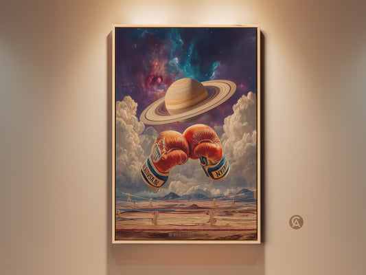 Framed cosmic boxing gloves art print. This surreal office artwork features Saturn. The sci-fi gift is an eclectic room decor. Fantasy space art for a stargazer. Ideal for boxing and space lovers. Get this unique wall decor piece.