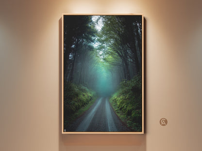 Rustic forest road canvas art print on a wall. This misty dark green and teal nature landscape artwork is ideal woodland trees wall decor. A perfect housewarming gift. The serene forest scene brings nature indoors. This residential wall hanging enhances entry halls