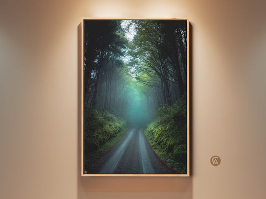 Rustic forest road canvas art print on a wall. This misty dark green and teal nature landscape artwork is ideal woodland trees wall decor. A perfect housewarming gift. The serene forest scene brings nature indoors. This residential wall hanging enhances entry halls