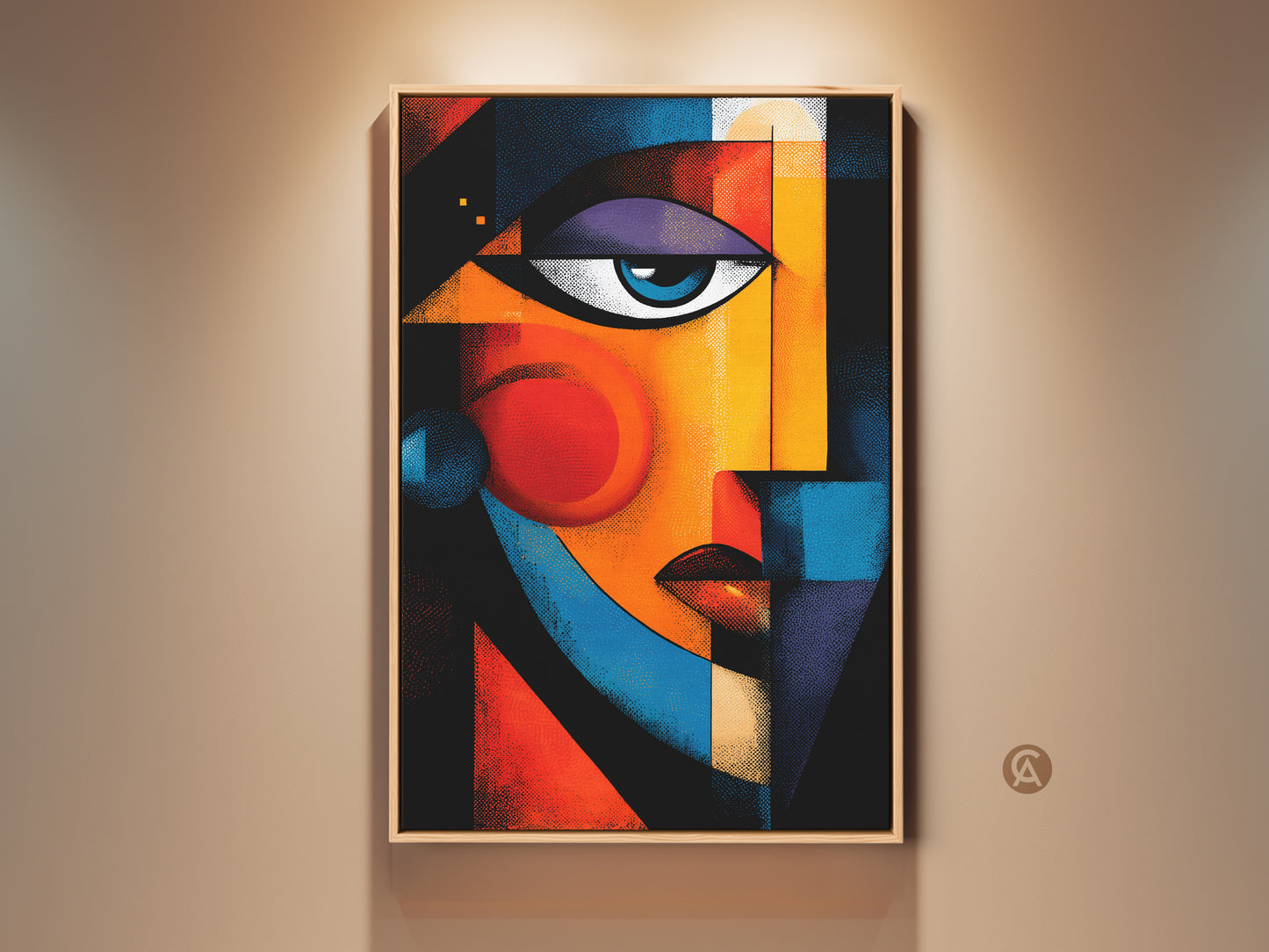 Abstract face art in a modern style. The artwork features bold geometric shapes and vibrant colors. Perfect for adding a contemporary touch to any room. Shop now for unique wall art.