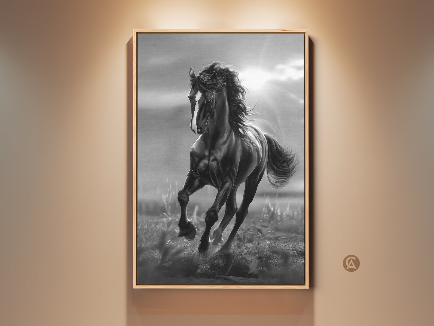 Framed black and white horse artwork. A beautiful horse gallops across a field. Sunlight streams through the clouds. The artwork is framed in a natural wood floating frame. Perfect for adding equestrian charm to any room.