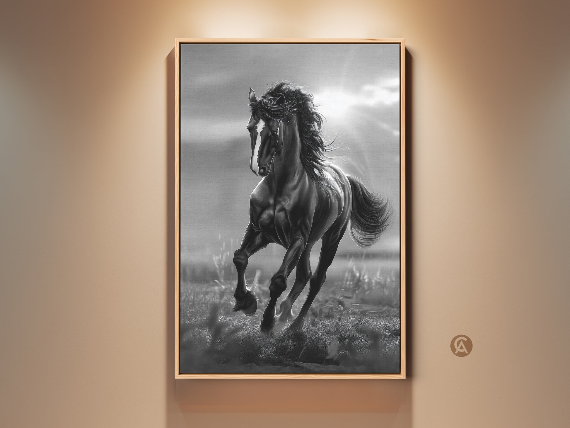 Framed black and white horse artwork. A beautiful horse gallops across a field. Sunlight streams through the clouds. The artwork is framed in a natural wood floating frame. Perfect for adding equestrian charm to any room.