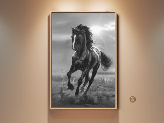 Framed black and white horse artwork. A beautiful horse gallops across a field. Sunlight streams through the clouds. The artwork is framed in a natural wood floating frame. Perfect for adding equestrian charm to any room.