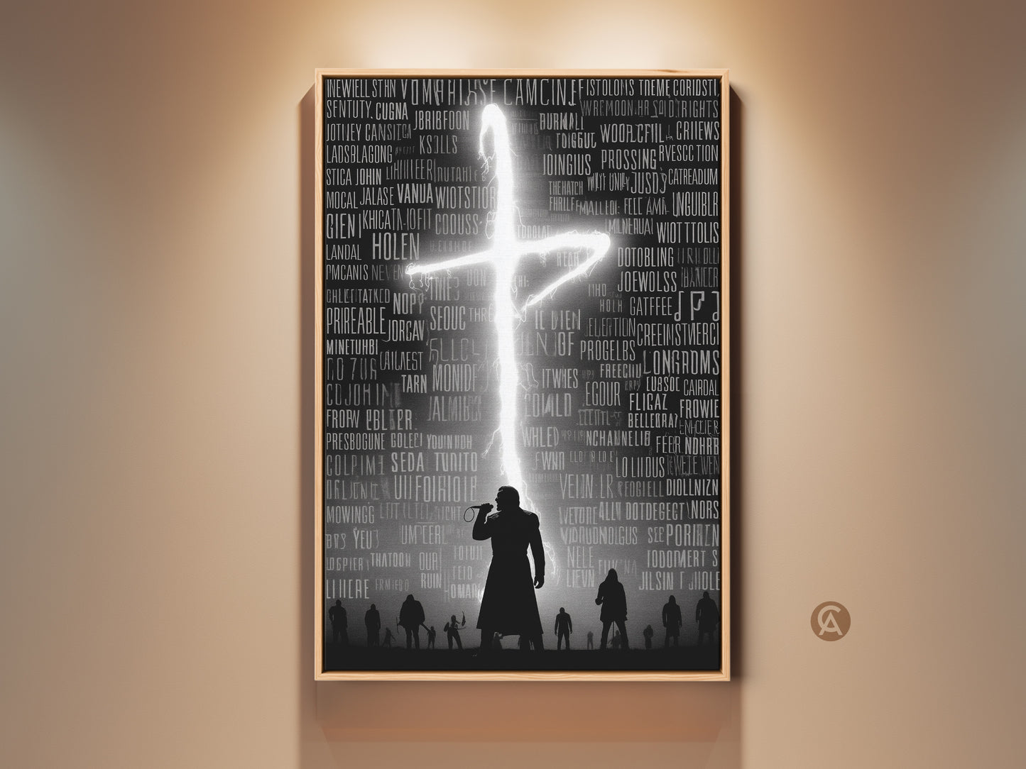 Monochrome music typography canvas art. The Gothic singer silhouette is set against a neon cross. It captures a hip hop concert vibe. The artwork has a dark academia aesthetic. A unique piece for alternative room decor. Perfect for a study or office. This art adds a dramatic music element.