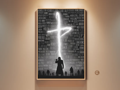 Monochrome music typography canvas art. The Gothic singer silhouette is set against a neon cross. It captures a hip hop concert vibe. The artwork has a dark academia aesthetic. A unique piece for alternative room decor. Perfect for a study or office. This art adds a dramatic music element.