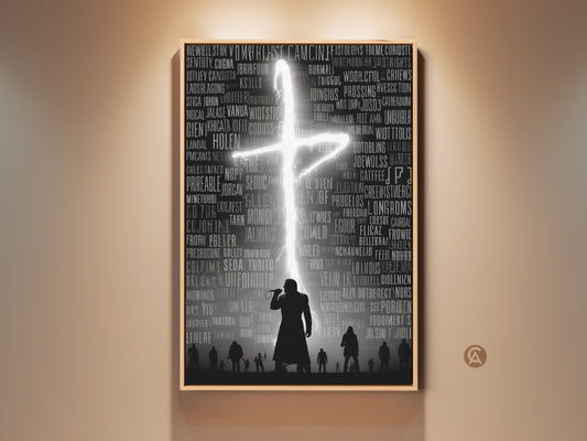 Monochrome music typography canvas art. The Gothic singer silhouette is set against a neon cross. It captures a hip hop concert vibe. The artwork has a dark academia aesthetic. A unique piece for alternative room decor. Perfect for a study or office. This art adds a dramatic music element.
