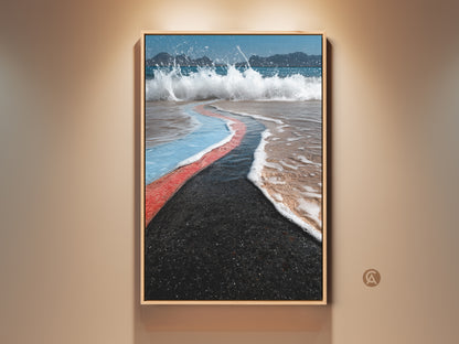 Framed abstract coastal canvas art brings the ocean indoors. This beach landscape print features teal and coral blue hues. A modern home decor piece for beach enthusiasts. The ocean wave artwork creates a calming coastal atmosphere.