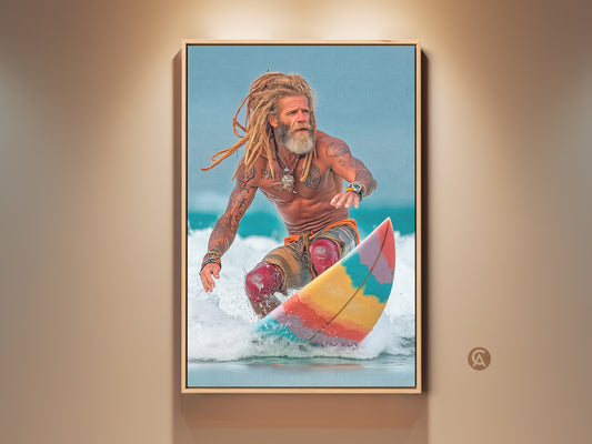 Coastal Surfer Canvas Print showcases a surfer riding a vibrant wave. This ocean lifestyle photography captures action sports art. The artwork uses golden blonde and sky blue colors. It is perfect family room decor or a gift for surfer dads and beach lovers looking for summer vibes.