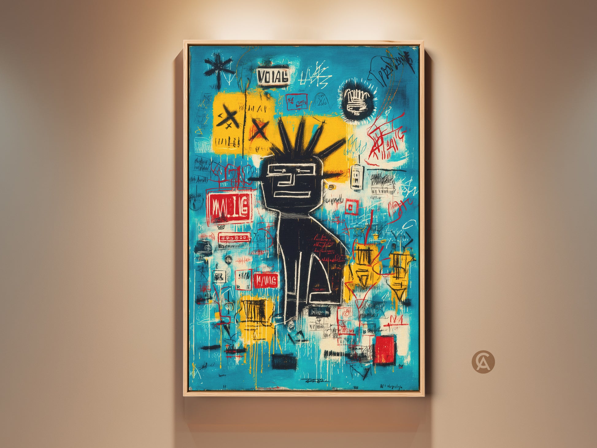 Modern wall art of a Basquiat-inspired painting. The artwork features a graffiti style against a blue backdrop. The painting is framed in a natural wood finish. A great piece for contemporary art lovers.