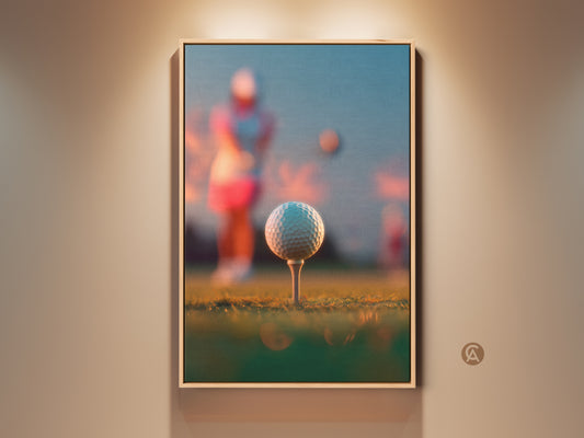 Framed golf art print. A golf ball sits atop a tee. In the background a female golfer prepares to swing. The artwork is displayed with a oak frame. This golf art is perfect for golf enthusiasts.