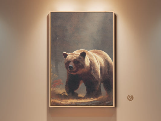 Realistic bear artwork is framed in oak. This wildlife nature artwork features earth tones. Perfect rustic home decor for a bedroom or living room. This is fine art wildlife canvas.