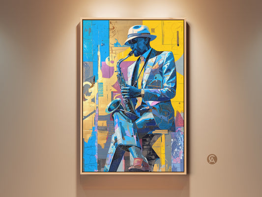 Colorful Jazz Saxophone Player Artwork. Stylish man in a suit playing the sax. The artwork features blue yellow and purple hues. Perfect for jazz music lovers. Enhance your space with this vibrant painting.
