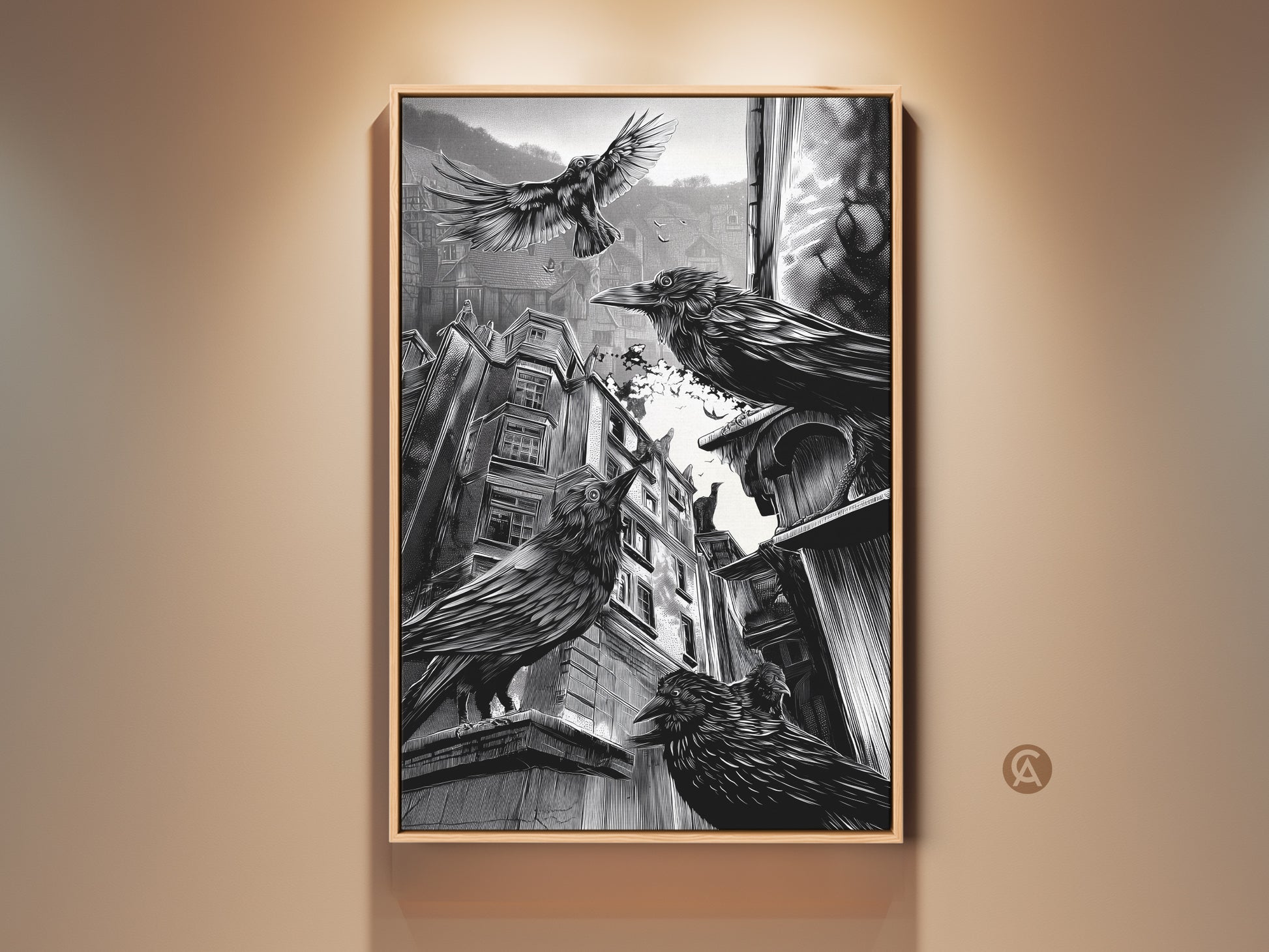 Framed gothic crow art print on a wall. Black and white raven artwork adds a dark academia touch to any room. This urban cityscape wall art is perfect for Halloween decor or a study room. A great gift for lovers of gothic home decor and spooky art.