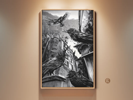 Framed gothic crow art print on a wall. Black and white raven artwork adds a dark academia touch to any room. This urban cityscape wall art is perfect for Halloween decor or a study room. A great gift for lovers of gothic home decor and spooky art.