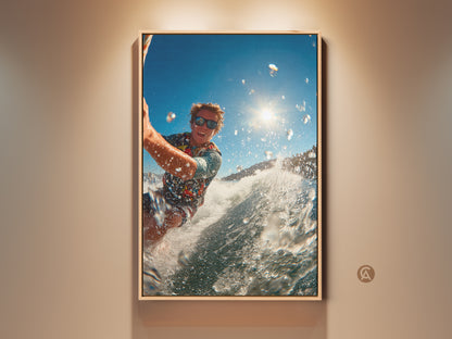 Eye-level shot of a surfer riding a wave. The sun shines bright in the background. This action art brings the thrill of water sports indoors. The artwork is framed and ready to hang adding a touch of adventure to any space.