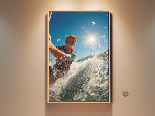 Eye-level shot of a surfer riding a wave. The sun shines bright in the background. This action art brings the thrill of water sports indoors. The artwork is framed and ready to hang adding a touch of adventure to any space.