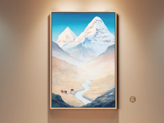Stylized Mountain Landscape Wall Artwork featuring a serene sky blue canvas print. The artwork depicts bison near a river with snow-capped peaks evoking modern farmhouse nature decor. This residential wall decor brings a sense of wilderness and tranquility to any space.
