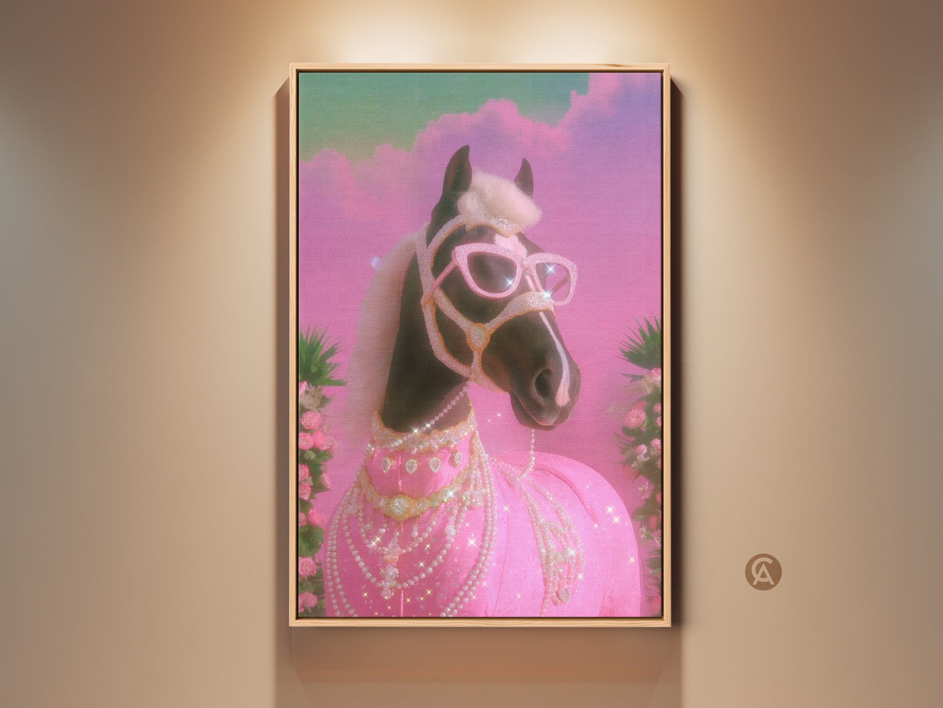 Glam Horse Canvas Art in a room setting. The artwork features a horse with pink sunglasses and diamond accents. It's a Pop Surrealism piece with pink and teal tones. This Y2K horse print is a unique and eclectic wall decor choice. Perfect for horse lovers and those who appreciate animal glamour art.