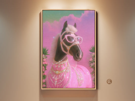 Glam Horse Canvas Art in a room setting. The artwork features a horse with pink sunglasses and diamond accents. It's a Pop Surrealism piece with pink and teal tones. This Y2K horse print is a unique and eclectic wall decor choice. Perfect for horse lovers and those who appreciate animal glamour art.
