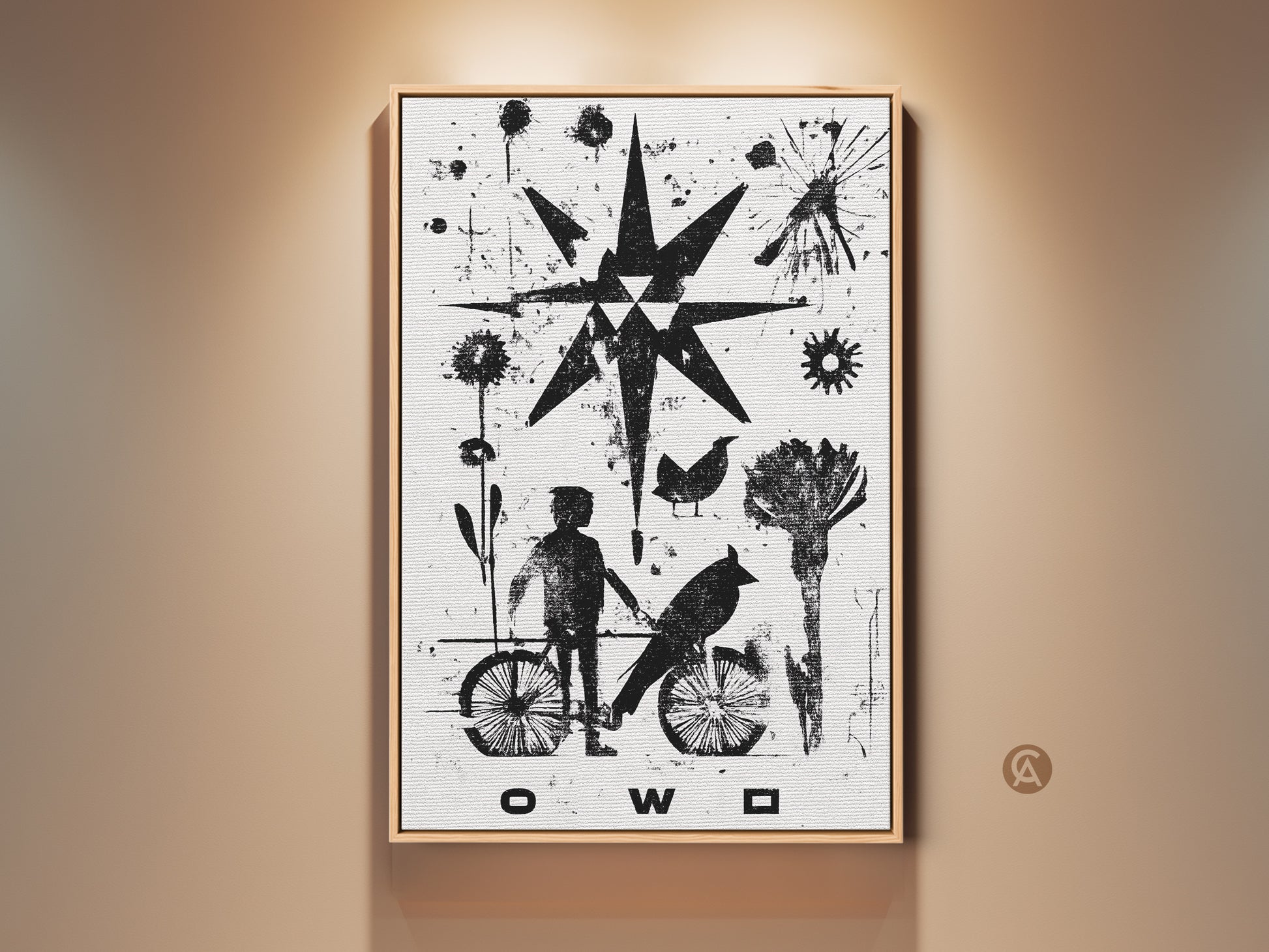 Monochrome abstract linocut art featuring a child on a bicycle with a bird plus a starburst. This black and white eclectic canvas art print is perfect as a unique housewarming gift. It adds a modern touch to any eclectic home decor.