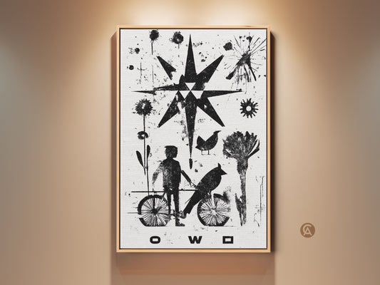 Monochrome abstract linocut art featuring a child on a bicycle with a bird plus a starburst. This black and white eclectic canvas art print is perfect as a unique housewarming gift. It adds a modern touch to any eclectic home decor.