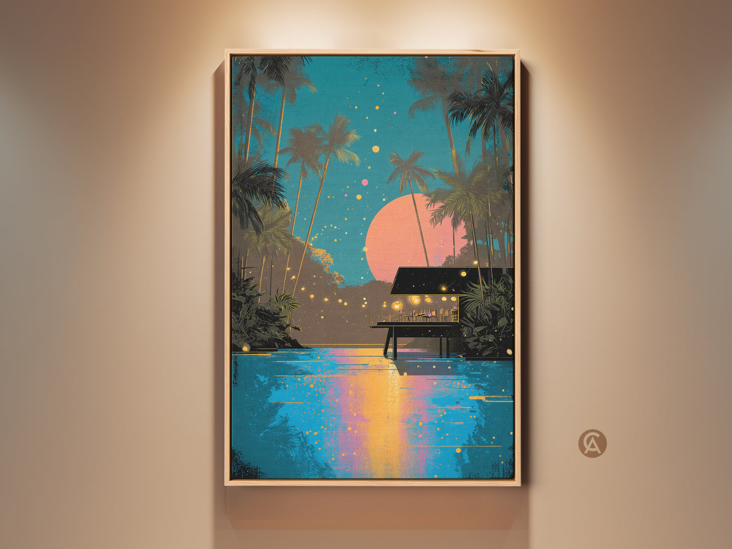 Retro tropical canvas art print featuring a night scene with palm trees and a beach hut. Teal and pink hues create a vaporwave aesthetic. This boho coastal wall decor is perfect for travel lovers looking for island paradise artwork.